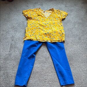 Yellow Floral Blouse and Blue Pants Set